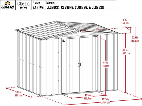 Arrow 8x6 Sage Green Classic Steel Shed Kit Measurements Diagram